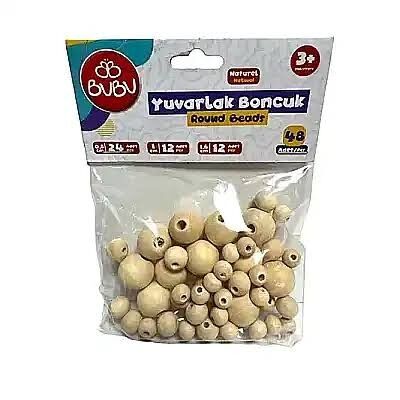 Bu-bu Boncuk Seti Naturel Yuvarlak Ahşap 0,8cm-1cm-1,6cm 48 Li Hs0034
