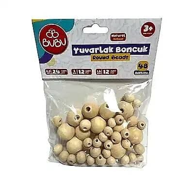 Bu-bu Boncuk Seti Naturel Yuvarlak Ahşap 0,8cm-1cm-1,6cm 48 Li Hs0034