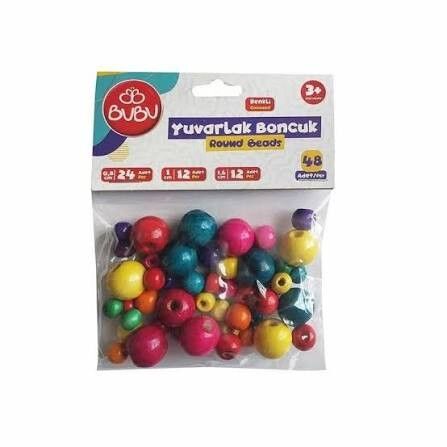 Bu-bu Boncuk Seti Renkli Yuvarlak Ahşap 0,8cm-1cm-1,6cm 48 Li Hs0035