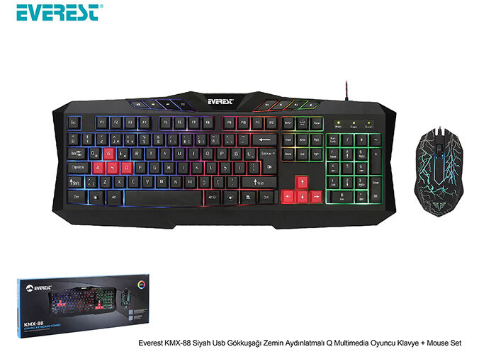 Everest Kmx-88 Siyah Usb Gökkuşağı Zemin Aydınlatmalı Q Multimedia Oyuncu Klavye + Mouse Set