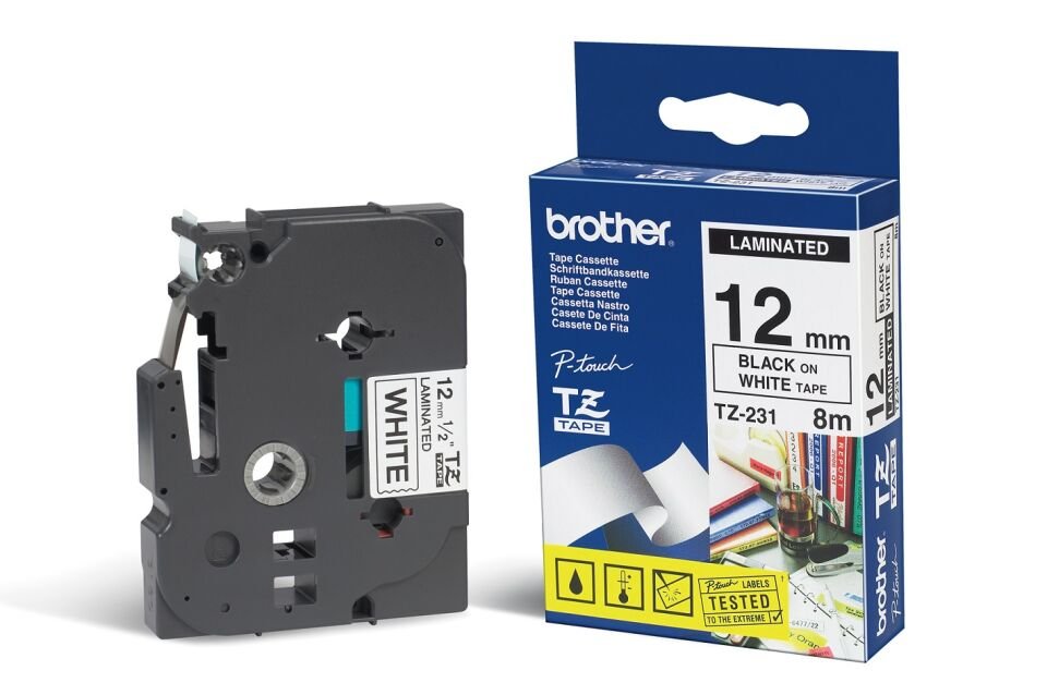 Brother Tze-231 12 Mm Beyaz Üzeri Siyah Laminasyonlu Etiket
