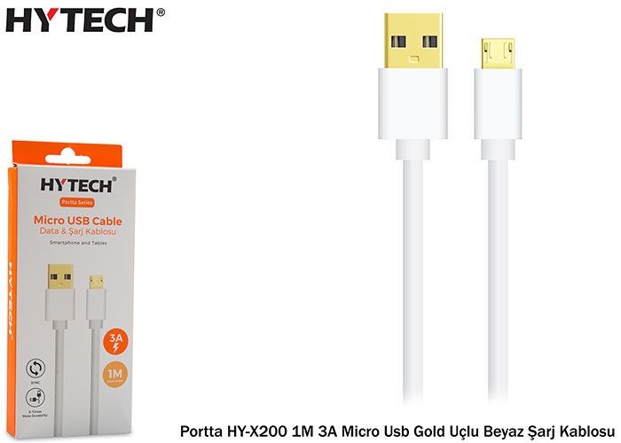 Hytech Portta Hy-x200 1m 3a Micro Usb Gold Uçlu Beyaz Şarj Kablosu