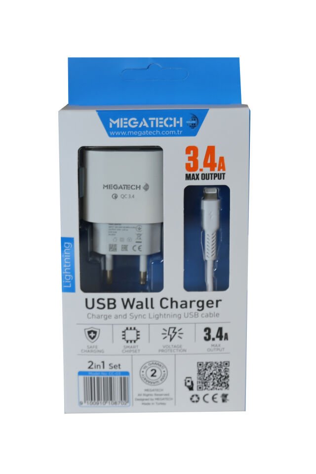 Megatech Cc-03 (mt-cl34) 3.4a Lightning Usb Kablo + Ev Şarj Adaptörü Hızlı Şarj